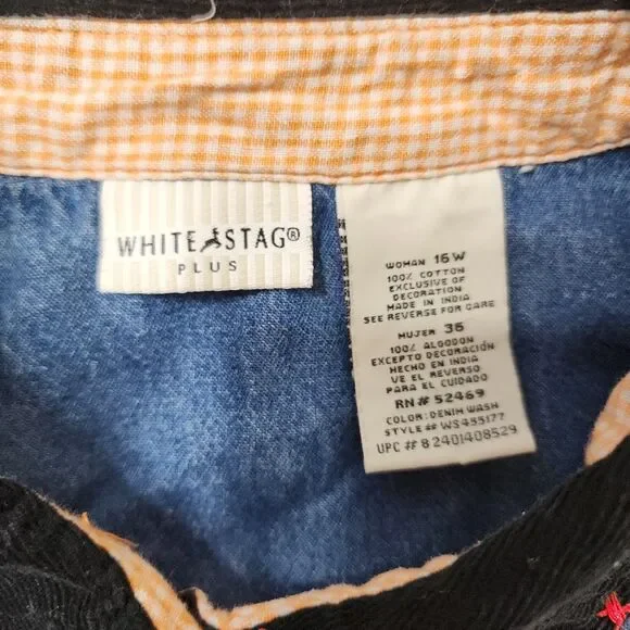 White Stag Denim Shirt Embroidered Fall Pumpkin Corduroy Collar 16W Plus Jean - Picture 4 of 11
